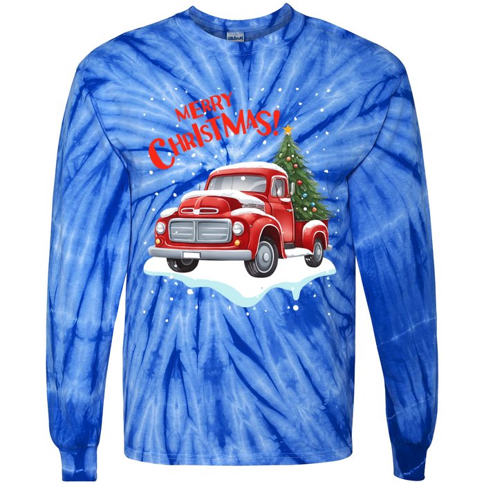 Vintage Merry Christmas Red Pickup Truck Old Fashioned Xmas Gift Tie-Dye Long Sleeve Shirt