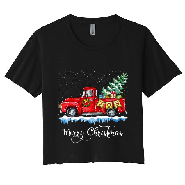 Vintage Merry Christmas Red Truck Old Fashioned Christmas Long Sleeve Crop Top