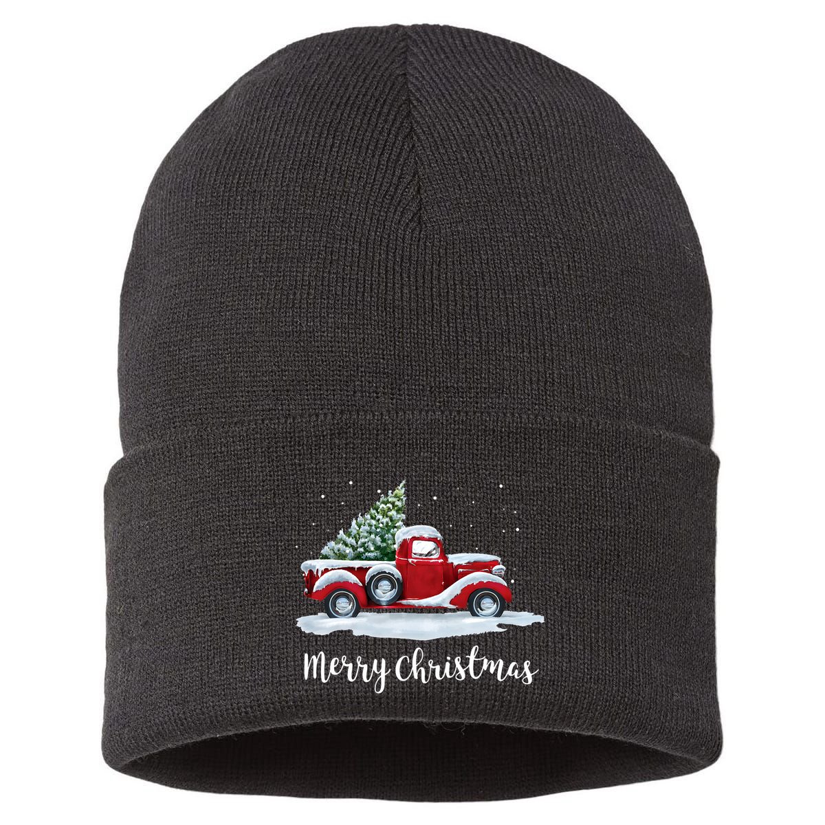 Vintage Merry Christmas Red Truck Old Fashioned Christmas Sustainable Knit Beanie