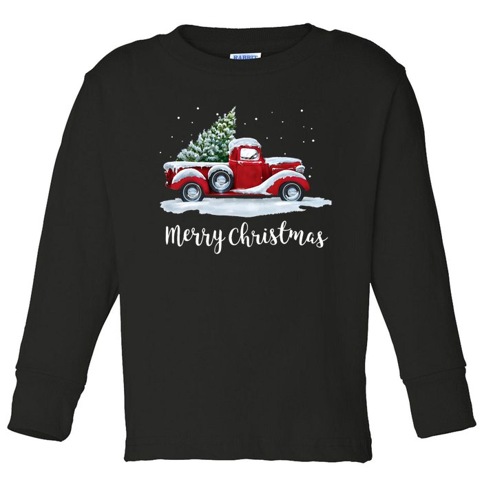 Vintage Merry Christmas Red Truck Old Fashioned Christmas Toddler Long Sleeve Shirt