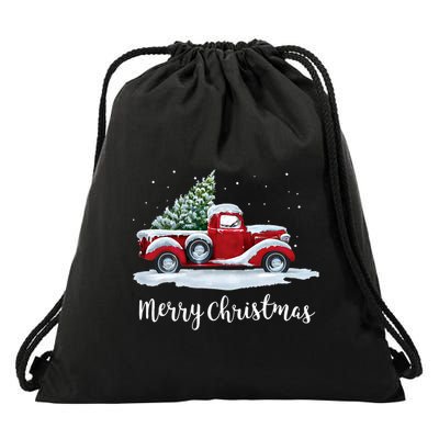 Vintage Merry Christmas Red Truck Old Fashioned Christmas Drawstring Bag