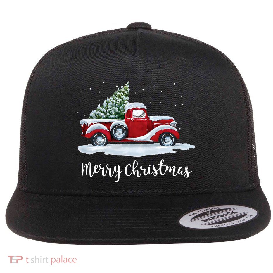 Vintage Merry Christmas Red Truck Old Fashioned Christmas Flatbill Hat