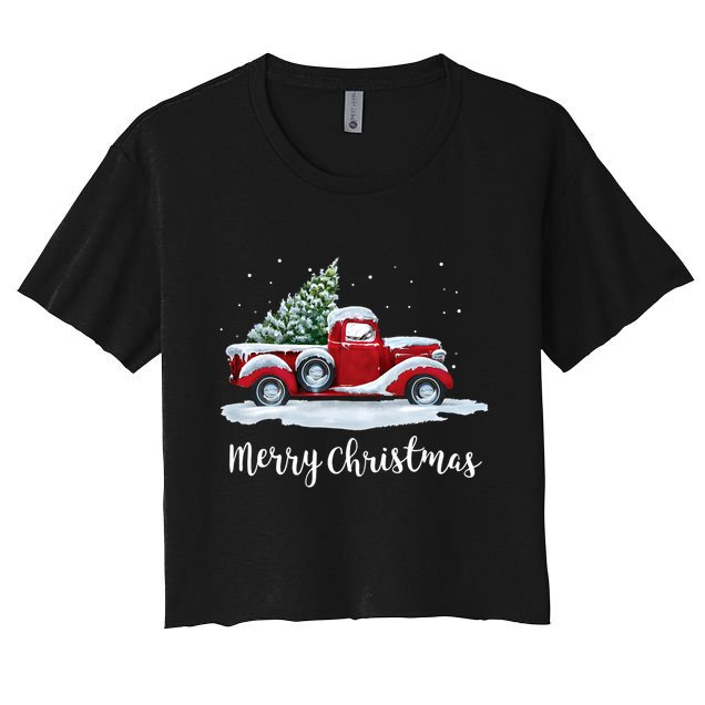 Vintage Merry Christmas Red Truck Old Fashioned Christmas Crop Top