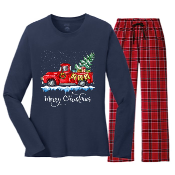 Vintage Merry Christmas Red Truck Old Fashioned Christmas Women's Long Sleeve Flannel Pajama Set 