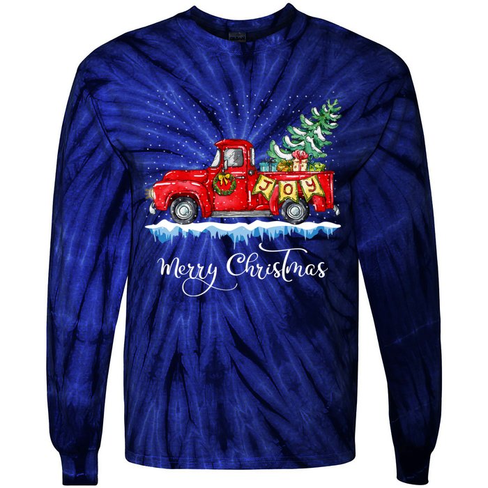 Vintage Merry Christmas Red Truck Old Fashioned Christmas Tie-Dye Long Sleeve Shirt