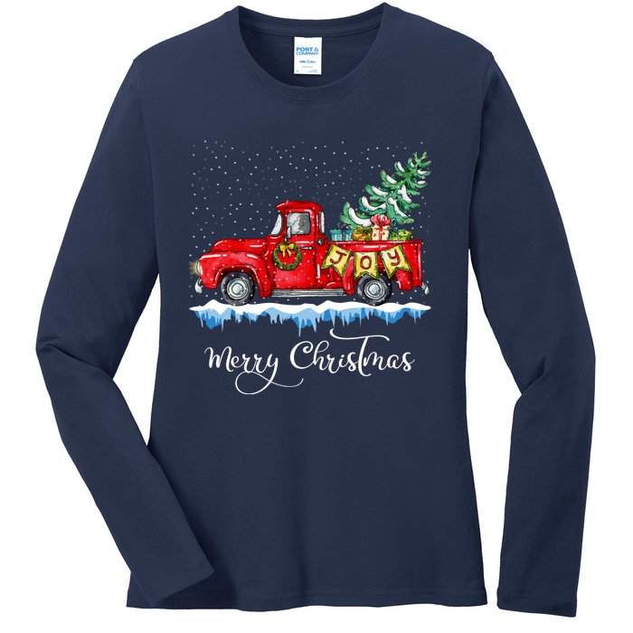 Vintage Merry Christmas Red Truck Old Fashioned Christmas Ladies Long Sleeve Shirt