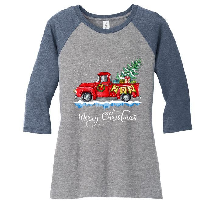 Vintage Merry Christmas Red Truck Old Fashioned Christmas Women's Tri-Blend 3/4-Sleeve Raglan Shirt