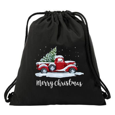 Vintage Merry Christmas Red Truck Old Fashioned Christmas Drawstring Bag