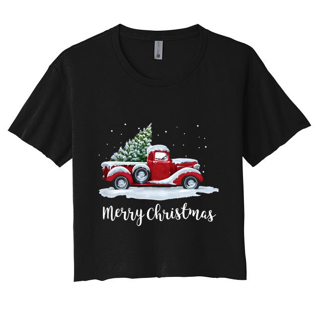 Vintage Merry Christmas Red Truck Old Fashioned Christmas Crop Top