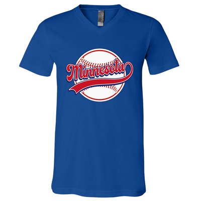 Vintage Minnesota Cityscape Baseball Lover Player And Fans V-Neck T-Shirt