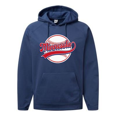 Vintage Minnesota Cityscape Baseball Lover Player And Fans Performance Fleece Hoodie