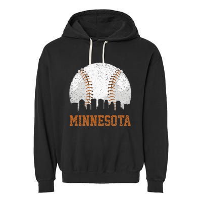 Vintage Minnesota Cityscape Baseball Lover Player And Fans Garment-Dyed Fleece Hoodie