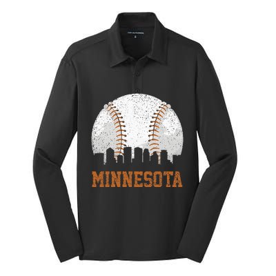 Vintage Minnesota Cityscape Baseball Lover Player And Fans Silk Touch Performance Long Sleeve Polo