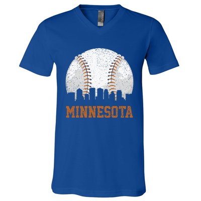 Vintage Minnesota Cityscape Baseball Lover Player And Fans V-Neck T-Shirt