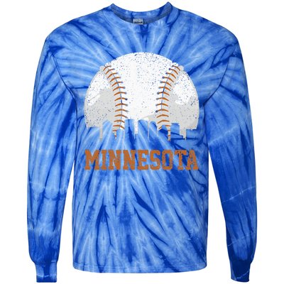 Vintage Minnesota Cityscape Baseball Lover Player And Fans Tie-Dye Long Sleeve Shirt