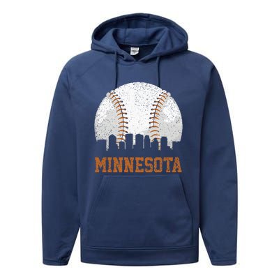 Vintage Minnesota Cityscape Baseball Lover Player And Fans Performance Fleece Hoodie