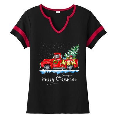 Vintage Merry Christmas Red Truck Old Fashioned Christmas Ladies Halftime Notch Neck Tee