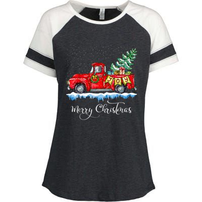 Vintage Merry Christmas Red Truck Old Fashioned Christmas Enza Ladies Jersey Colorblock Tee