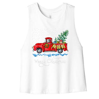 Vintage Merry Christmas Red Truck Old Fashioned Christmas Women's Racerback Cropped Tank