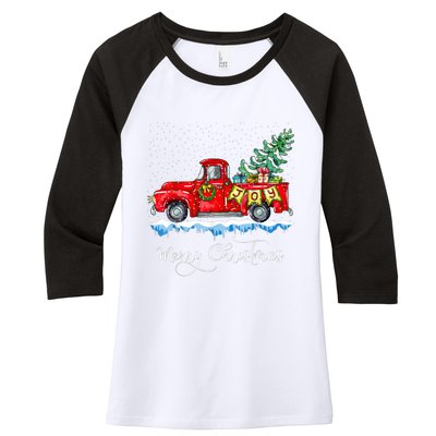 Vintage Merry Christmas Red Truck Old Fashioned Christmas Women's Tri-Blend 3/4-Sleeve Raglan Shirt