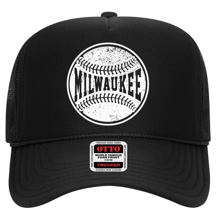 Vintage Milwaukee Cityscape Baseball Lover Player And Fans High Crown Mesh Back Trucker Hat