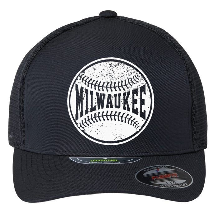 Vintage Milwaukee Cityscape Baseball Lover Player And Fans Flexfit Unipanel Trucker Cap