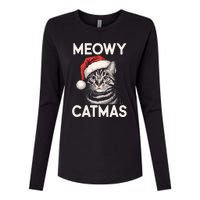 Vintage Meowy Catmas Cat With Santa Hat Xmas Holiday Kitten Womens Cotton Relaxed Long Sleeve T-Shirt