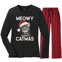 Vintage Meowy Catmas Cat With Santa Hat Xmas Holiday Kitten Women's Long Sleeve Flannel Pajama Set 