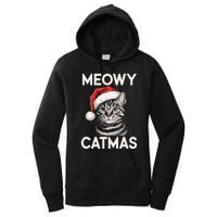 Vintage Meowy Catmas Cat With Santa Hat Xmas Holiday Kitten Women's Pullover Hoodie