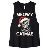 Vintage Meowy Catmas Cat With Santa Hat Xmas Holiday Kitten Women's Racerback Cropped Tank