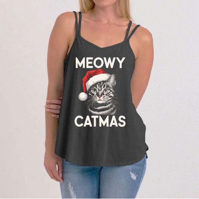 Vintage Meowy Catmas Cat With Santa Hat Xmas Holiday Kitten Women's Strappy Tank