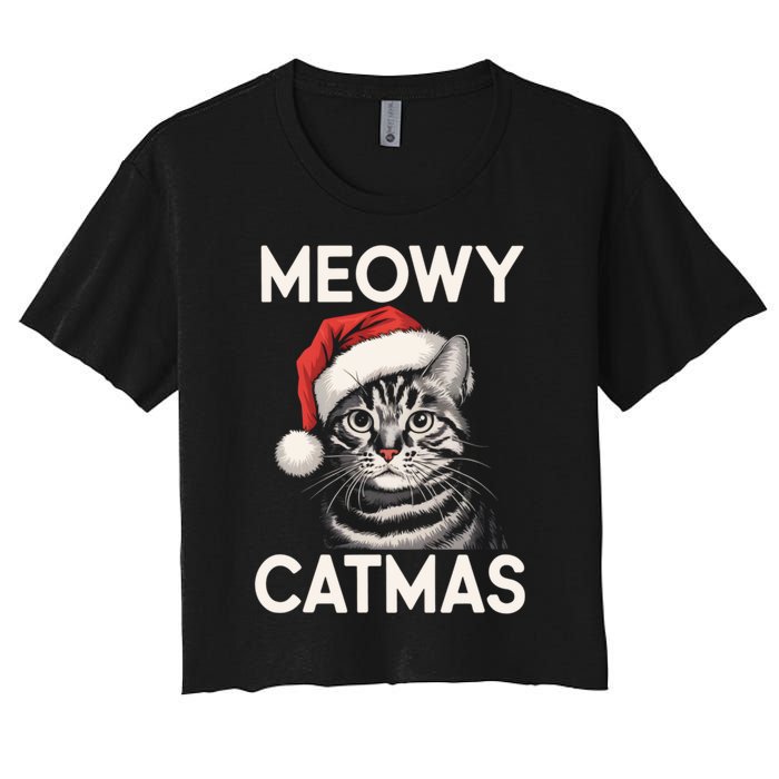 Vintage Meowy Catmas Cat With Santa Hat Xmas Holiday Kitten Women's Crop Top Tee