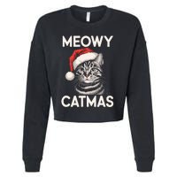 Vintage Meowy Catmas Cat With Santa Hat Xmas Holiday Kitten Cropped Pullover Crew