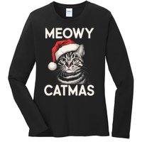 Vintage Meowy Catmas Cat With Santa Hat Xmas Holiday Kitten Ladies Long Sleeve Shirt