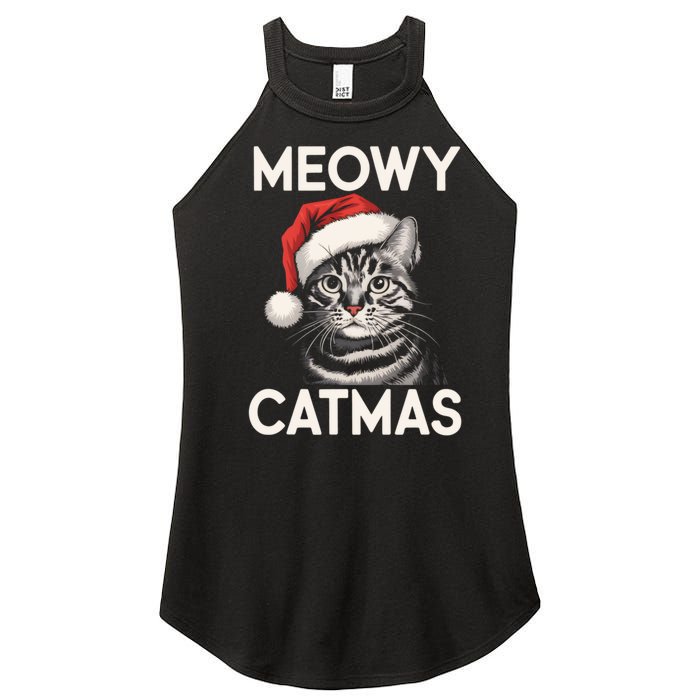 Vintage Meowy Catmas Cat With Santa Hat Xmas Holiday Kitten Women's Perfect Tri Rocker Tank