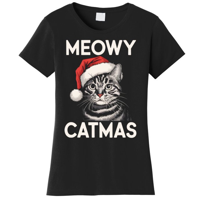 Vintage Meowy Catmas Cat With Santa Hat Xmas Holiday Kitten Women's T-Shirt