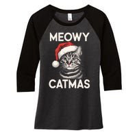 Vintage Meowy Catmas Cat With Santa Hat Xmas Holiday Kitten Women's Tri-Blend 3/4-Sleeve Raglan Shirt