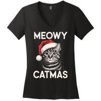 Vintage Meowy Catmas Cat With Santa Hat Xmas Holiday Kitten Women's V-Neck T-Shirt