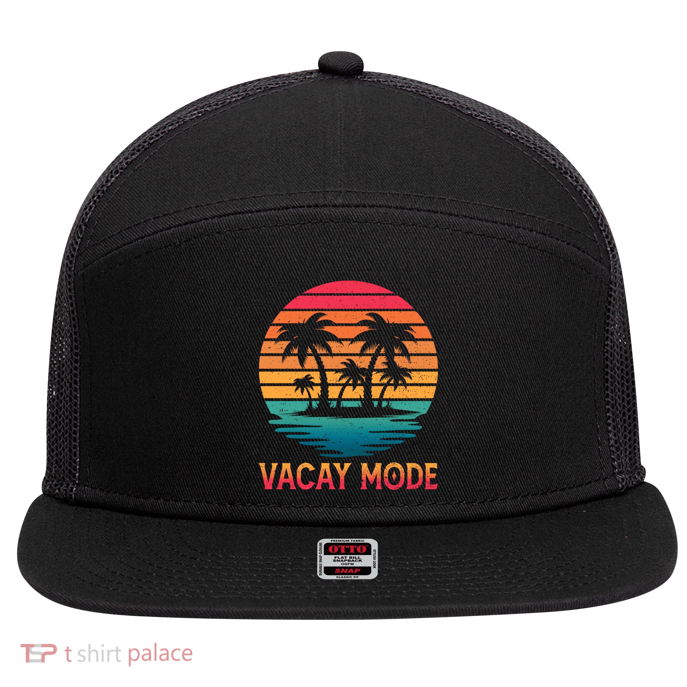 Vacay Mode Coconut Palm Trees Retro Tropical Summer Vibes Cute Gift 7 Panel Mesh Trucker Snapback Hat