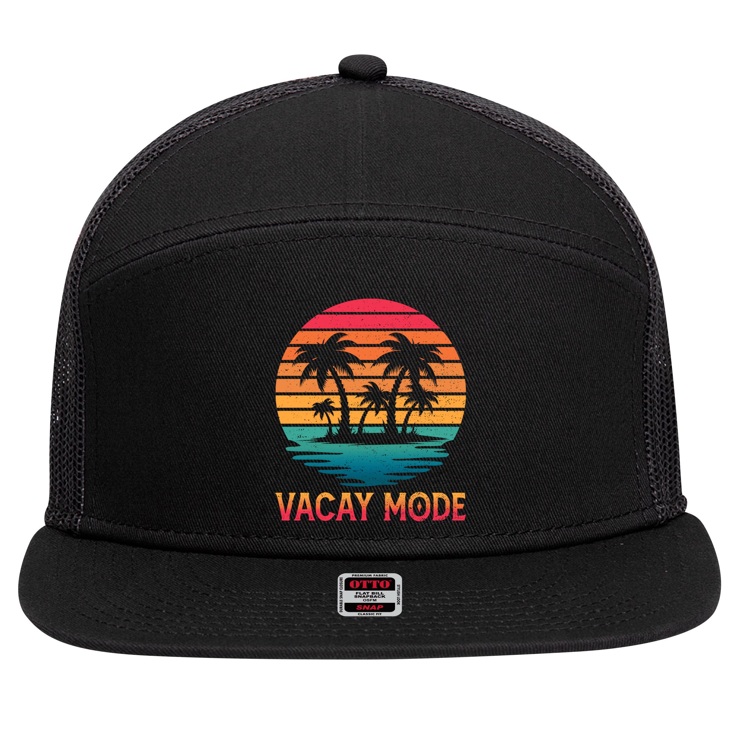 Vacay Mode Coconut Palm Trees Retro Tropical Summer Vibes Cute Gift 7 Panel Mesh Trucker Snapback Hat