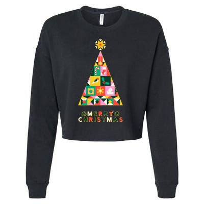 Vintage Merry Christmas Pattern Tree Cropped Pullover Crew
