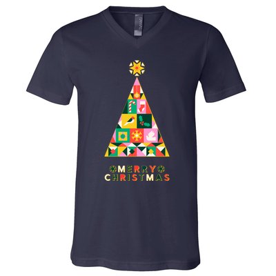Vintage Merry Christmas Pattern Tree V-Neck T-Shirt