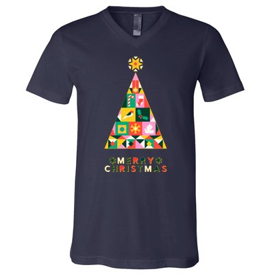 Vintage Merry Christmas Pattern Tree V-Neck T-Shirt