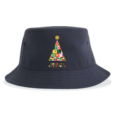 Vintage Merry Christmas Pattern Tree Sustainable Bucket Hat