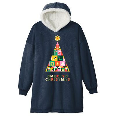 Vintage Merry Christmas Pattern Tree Hooded Wearable Blanket