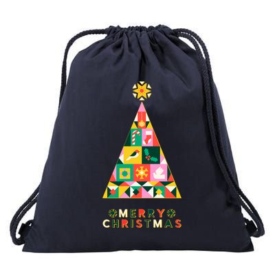 Vintage Merry Christmas Pattern Tree Drawstring Bag