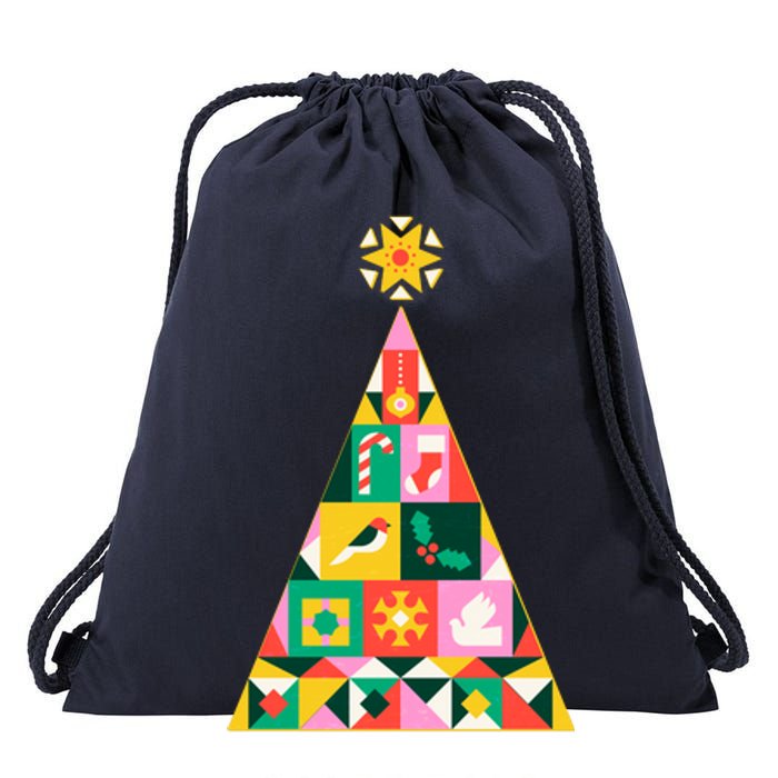 Vintage Merry Christmas Pattern Tree Drawstring Bag