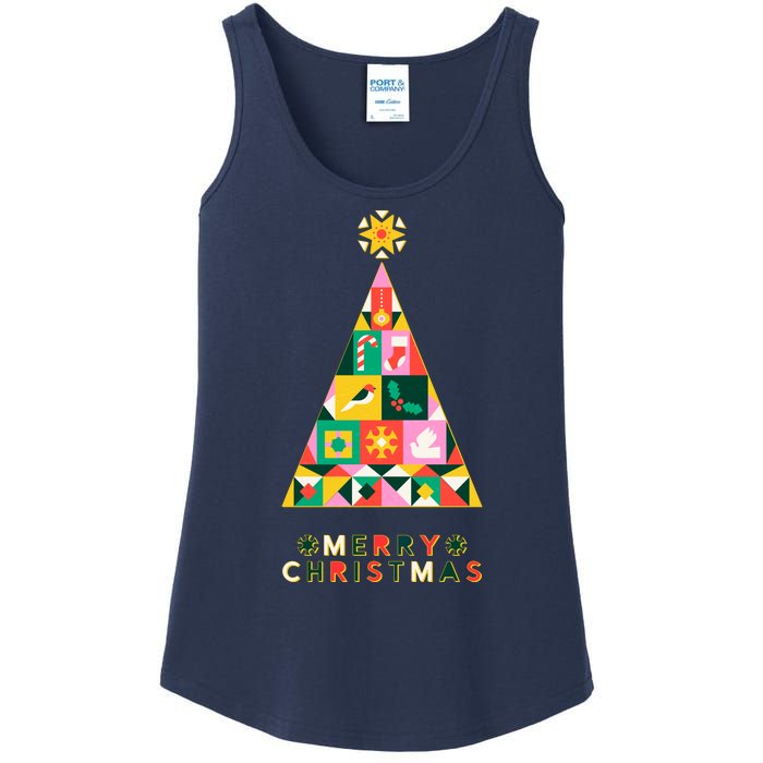 Vintage Merry Christmas Pattern Tree Ladies Essential Tank