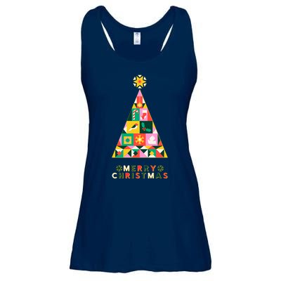 Vintage Merry Christmas Pattern Tree Ladies Essential Flowy Tank