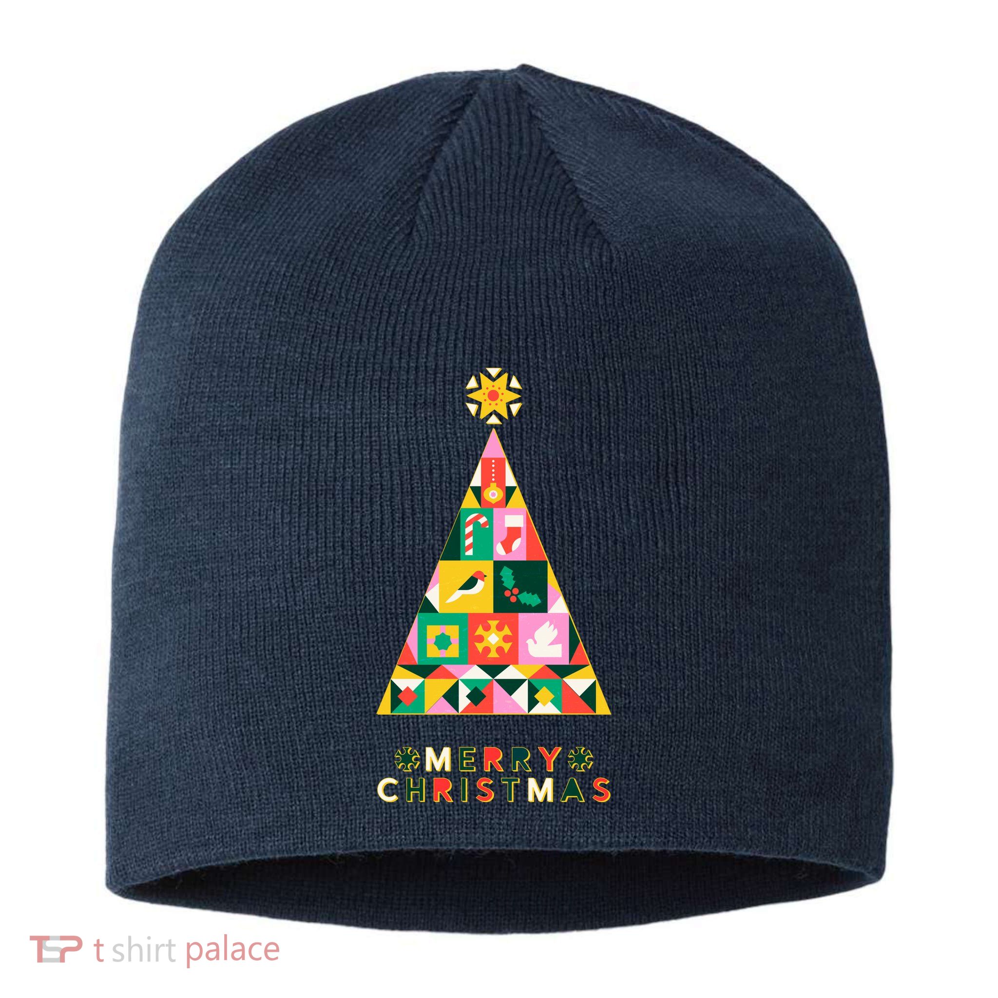 Vintage Merry Christmas Pattern Tree Sustainable Beanie